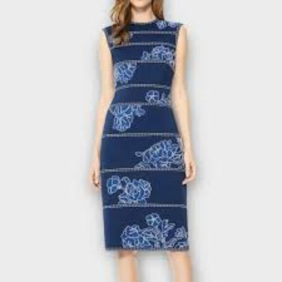 Tadashi Shoji Kitami Embroidered Sleeveless Shift Dress Blue Neoprene MED - Picture 1 of 8